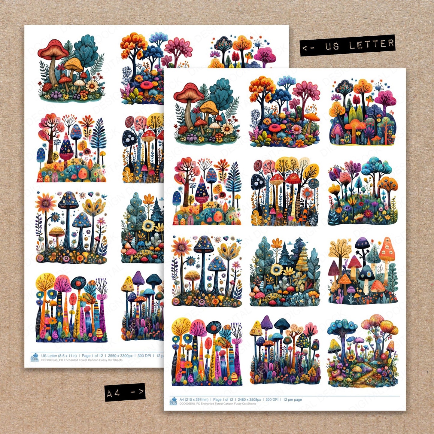 A4 and US Letter format comparison showing Enchanted Forest Cartoon fussy cut pages for print and cut crafting