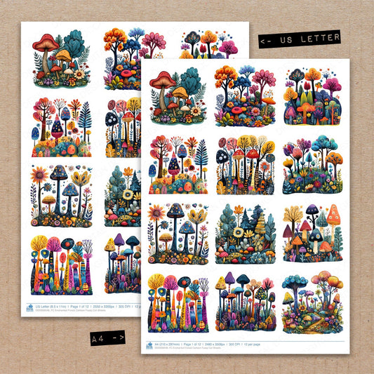 A4 and US Letter format comparison showing Enchanted Forest Cartoon fussy cut pages for print and cut crafting