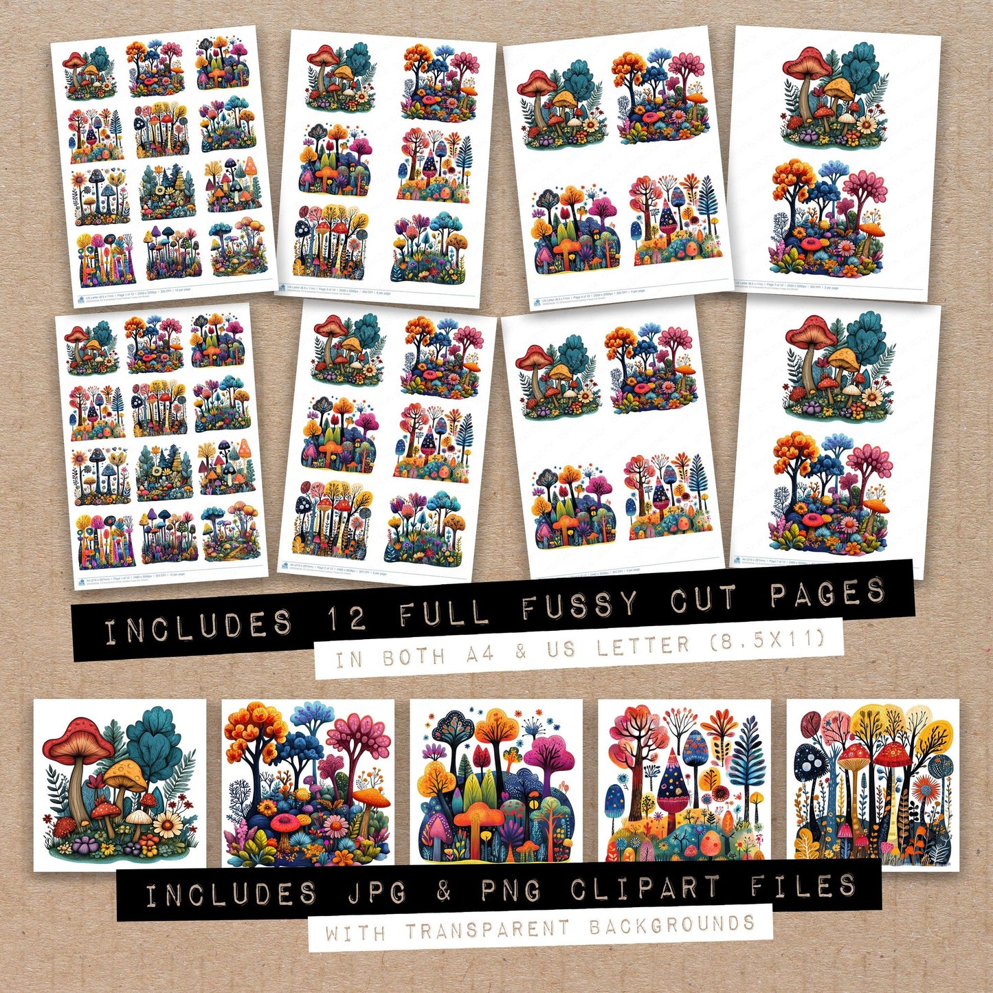 Full collection view of Enchanted Forest Cartoon fussy cut sheets with bonus clipart JPG and PNG files