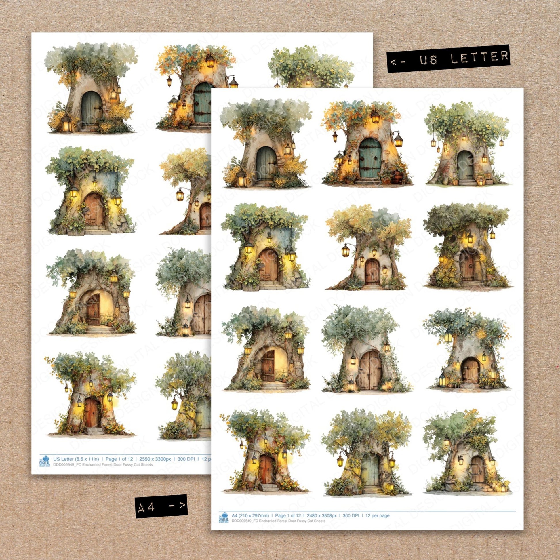 A4 and US Letter format comparison showing Enchanted Forest Door fussy cut pages for print and cut crafting