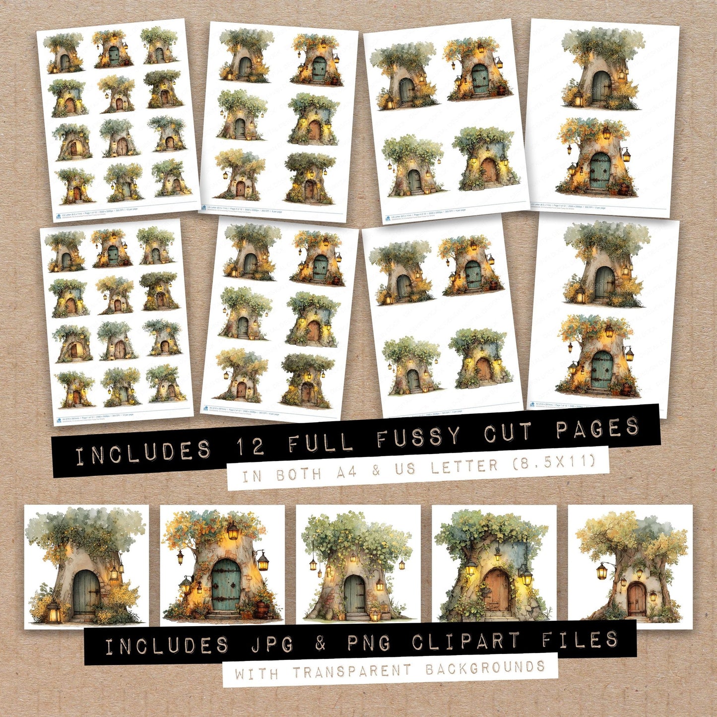 Full collection view of Enchanted Forest Door fussy cut sheets with bonus clipart JPG and PNG files