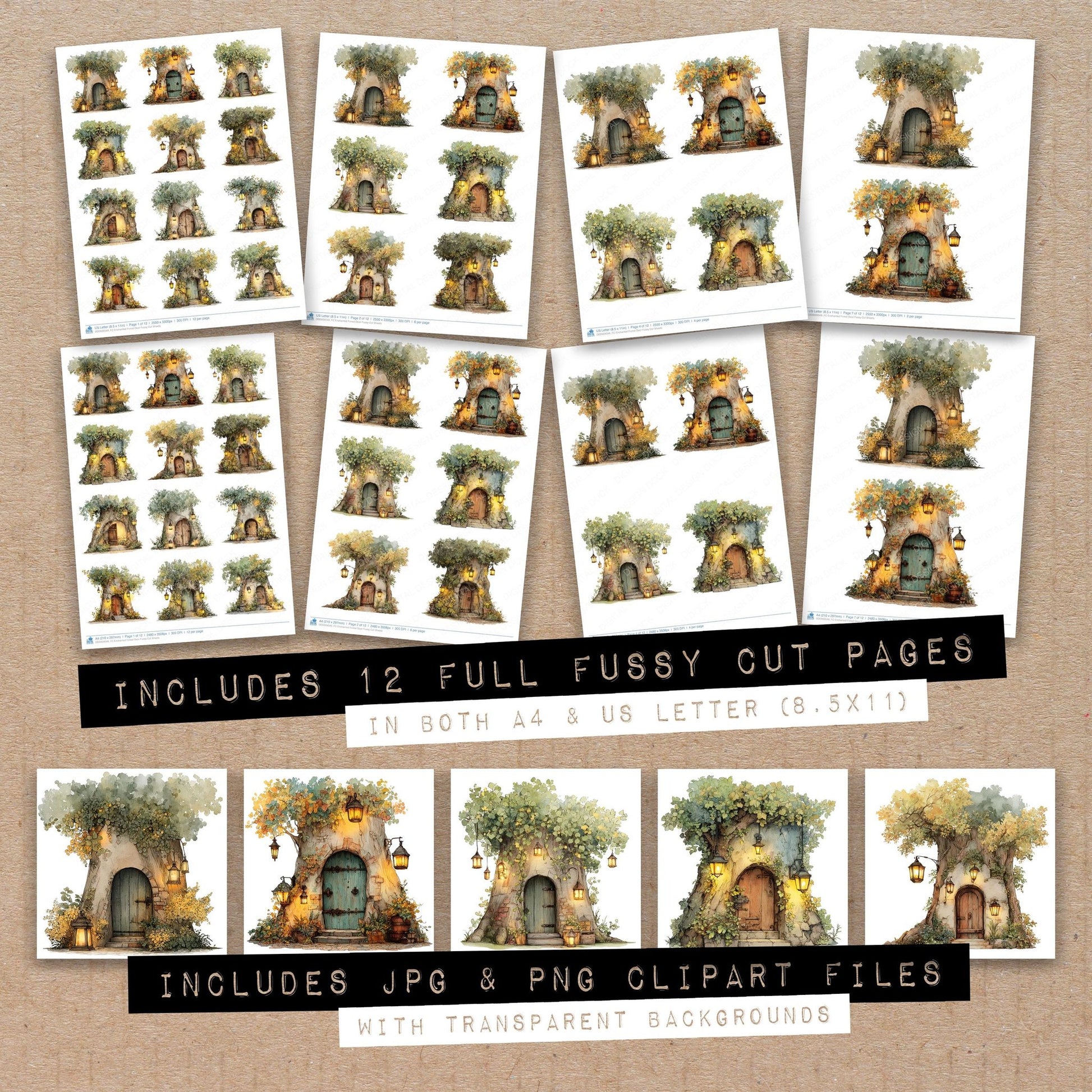 Full collection view of Enchanted Forest Door fussy cut sheets with bonus clipart JPG and PNG files