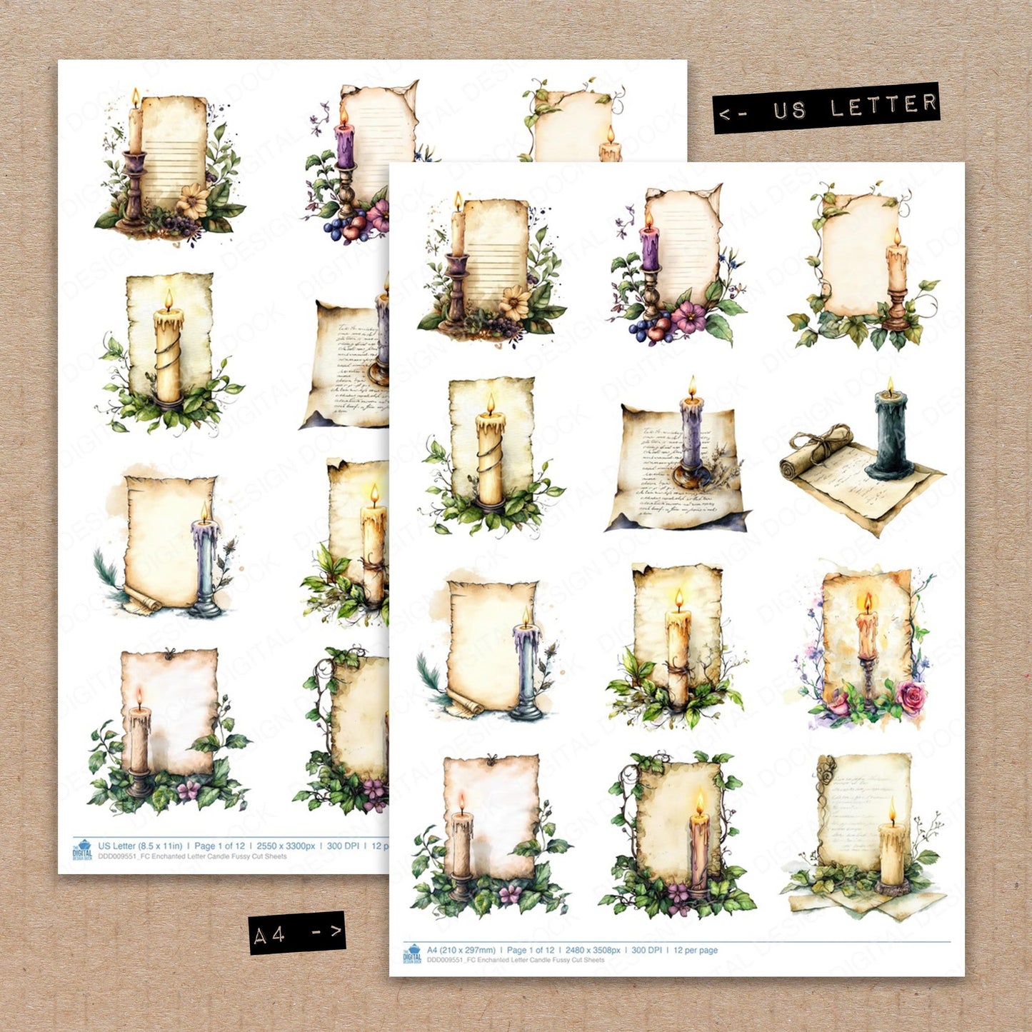 A4 and US Letter format comparison showing Enchanted Letter Candle fussy cut pages for print and cut crafting