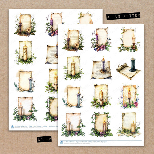 A4 and US Letter format comparison showing Enchanted Letter Candle fussy cut pages for print and cut crafting