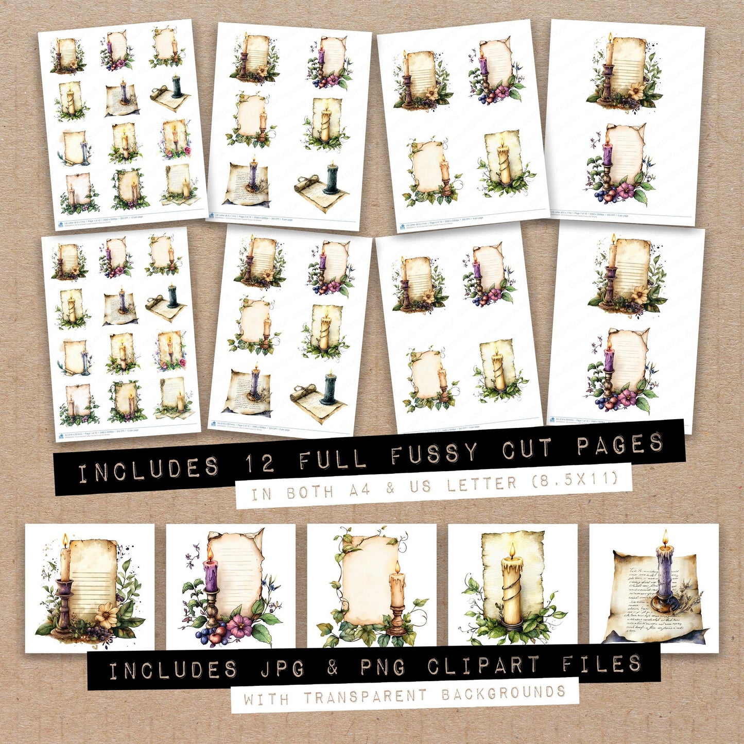 Full collection view of Enchanted Letter Candle fussy cut sheets with bonus clipart JPG and PNG files