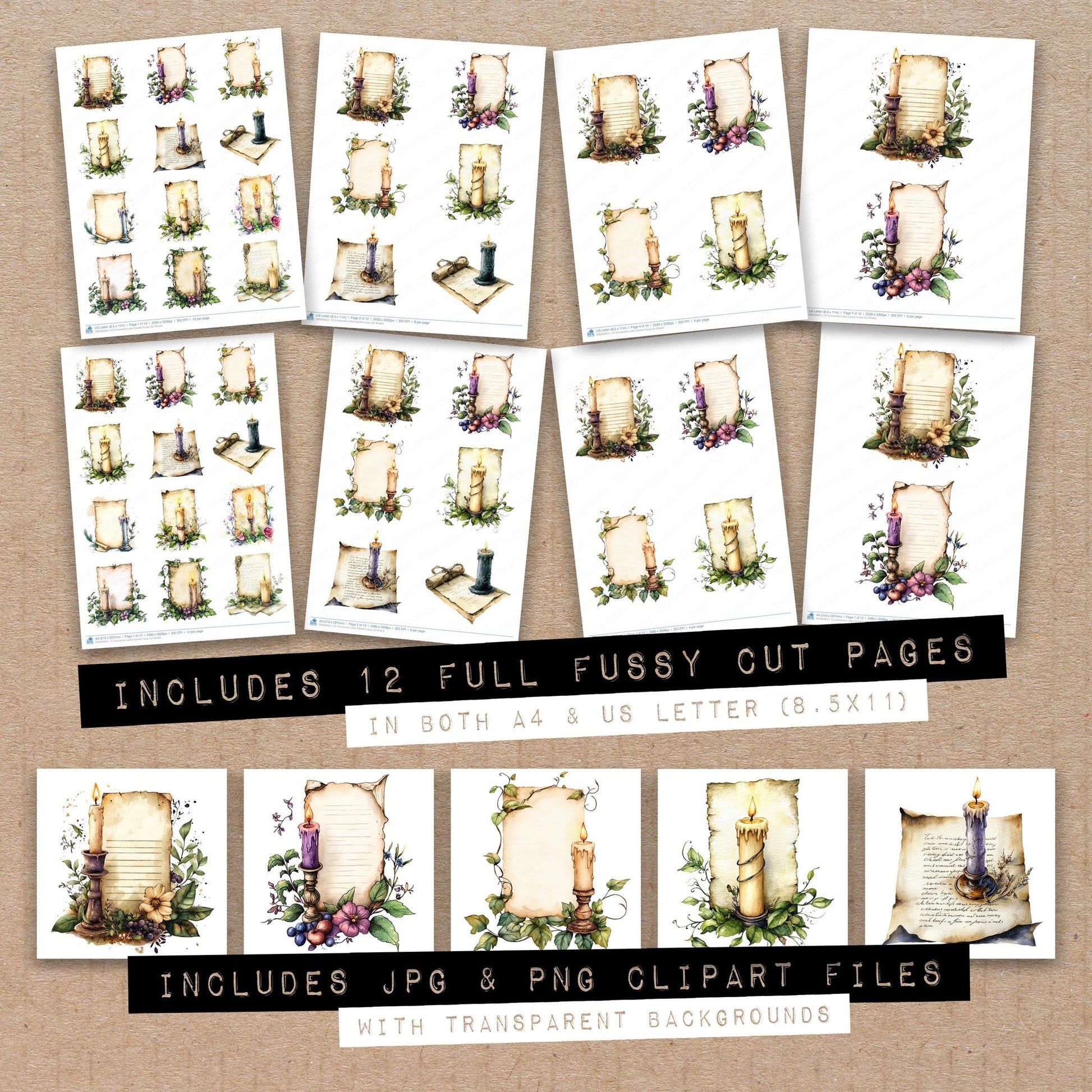 Full collection view of Enchanted Letter Candle fussy cut sheets with bonus clipart JPG and PNG files