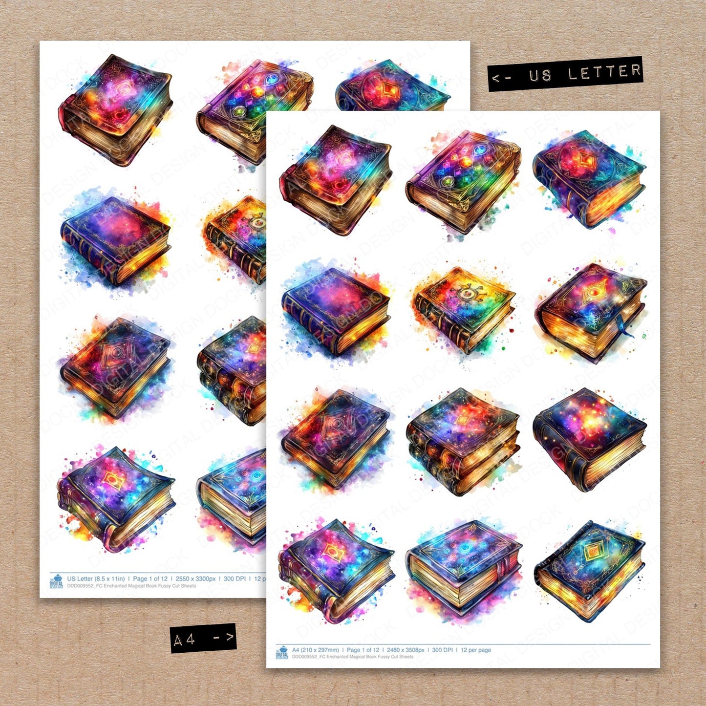 A4 and US Letter format comparison showing Enchanted Magical Book fussy cut pages for print and cut crafting