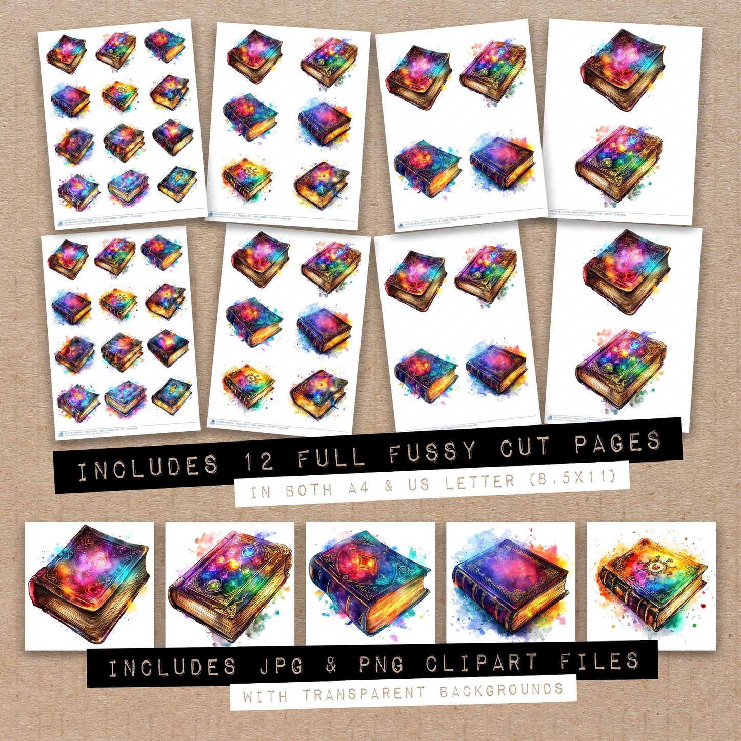 Full collection view of Enchanted Magical Book fussy cut sheets with bonus clipart JPG and PNG files
