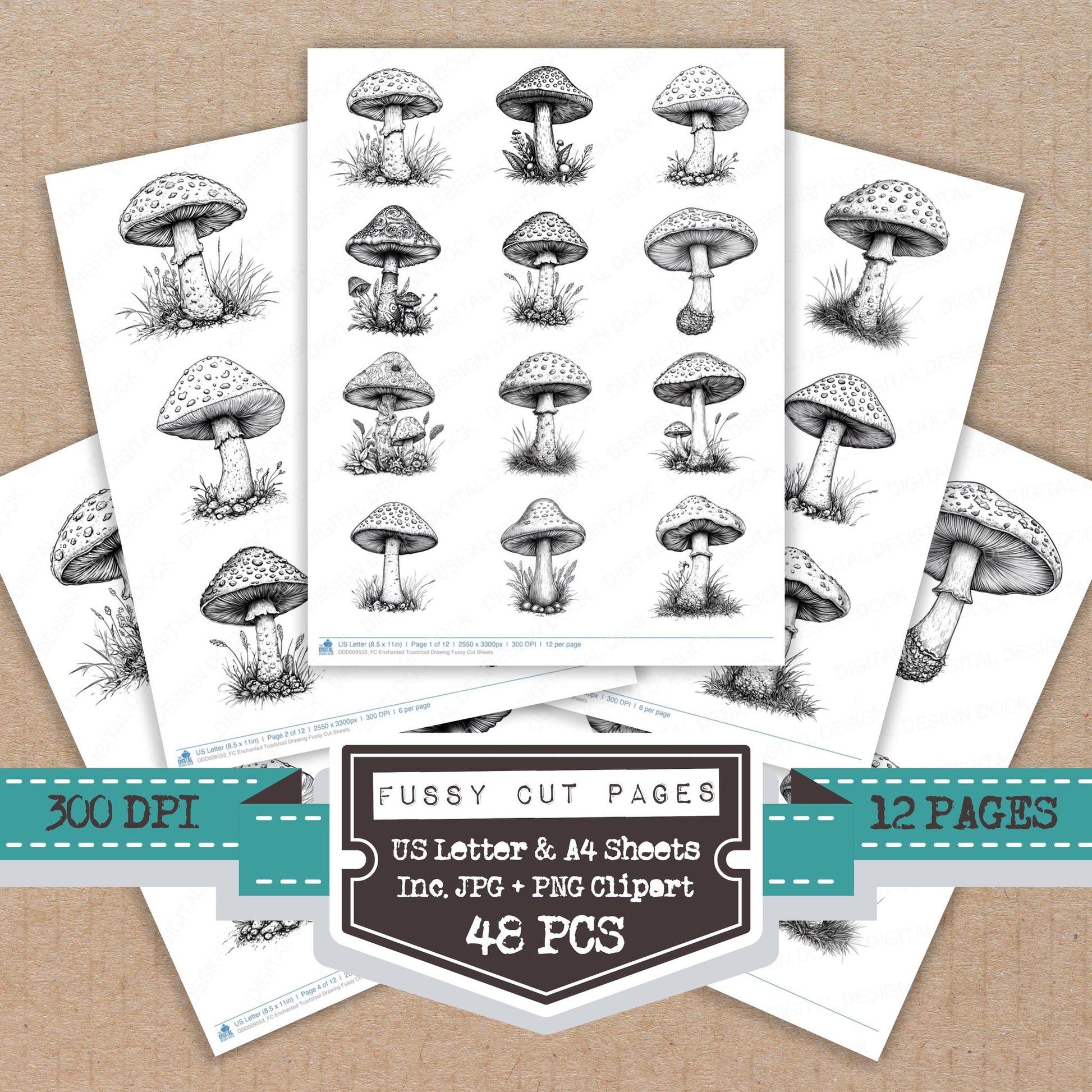 Enchanted Toadstool Drawing fussy cut printable sheets for junk journaling, scrapbooking, and paper craft projects
