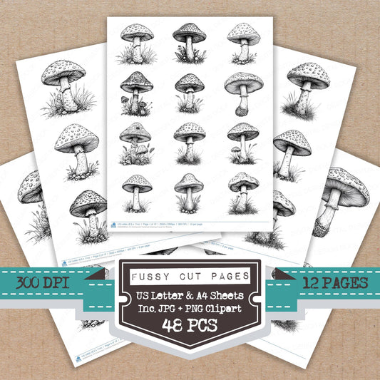 Enchanted Toadstool Drawing fussy cut printable sheets for junk journaling, scrapbooking, and paper craft projects
