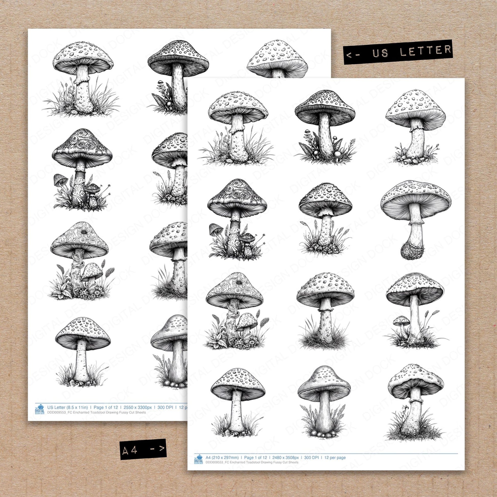 A4 and US Letter format comparison showing Enchanted Toadstool Drawing fussy cut pages for print and cut crafting
