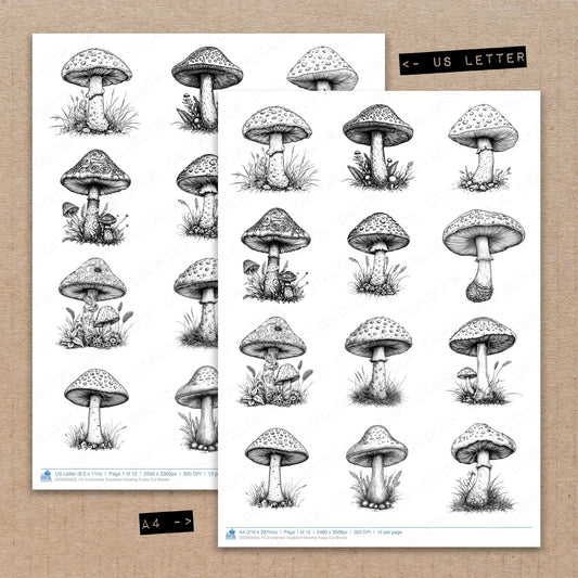 A4 and US Letter format comparison showing Enchanted Toadstool Drawing fussy cut pages for print and cut crafting