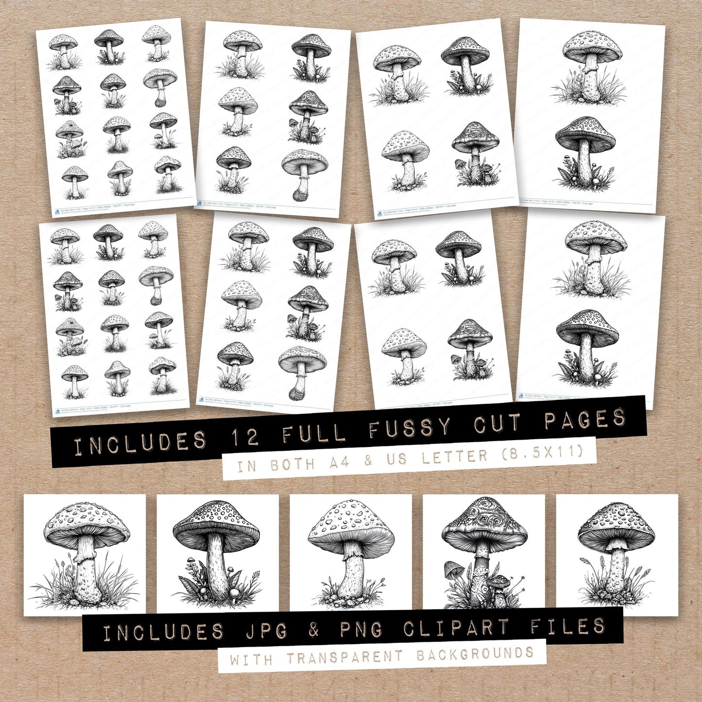 Full collection view of Enchanted Toadstool Drawing fussy cut sheets with bonus clipart JPG and PNG files