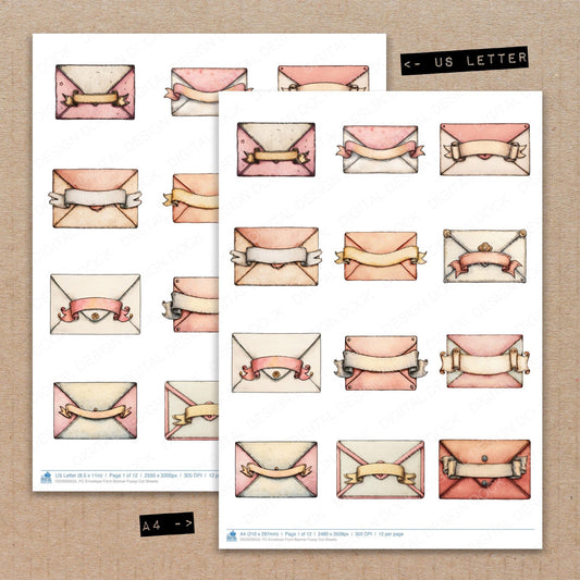A4 and US Letter format comparison showing Envelope Front Banner fussy cut pages for print and cut crafting