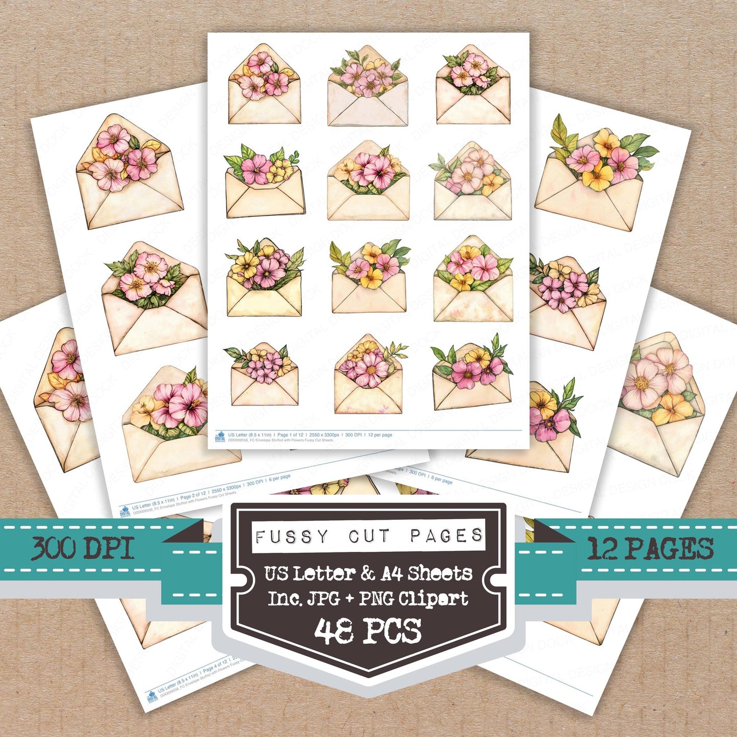 Envelope Stuffed with Flowers fussy cut printable sheets for junk journaling, scrapbooking, and paper craft projects