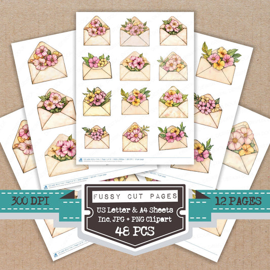 Envelope Stuffed with Flowers fussy cut printable sheets for junk journaling, scrapbooking, and paper craft projects