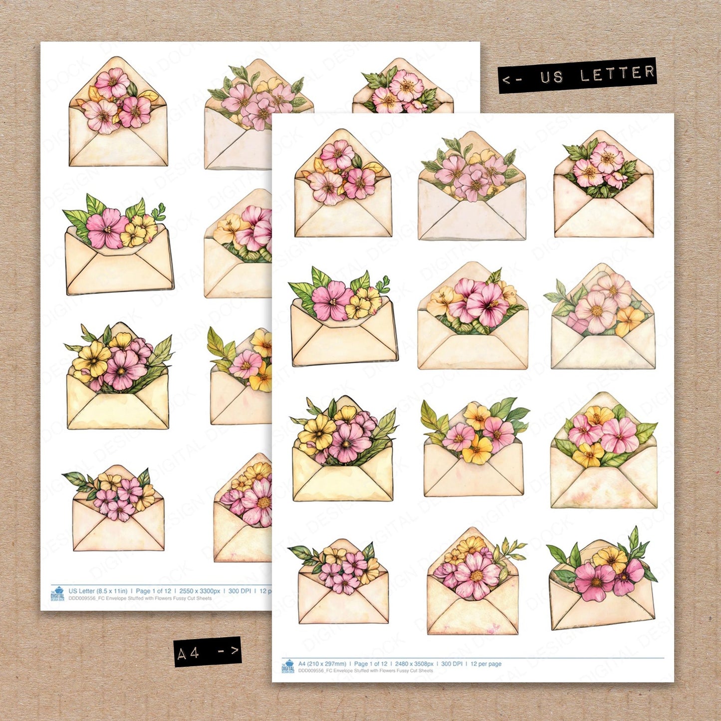 A4 and US Letter format comparison showing Envelope Stuffed with Flowers fussy cut pages for print and cut crafting