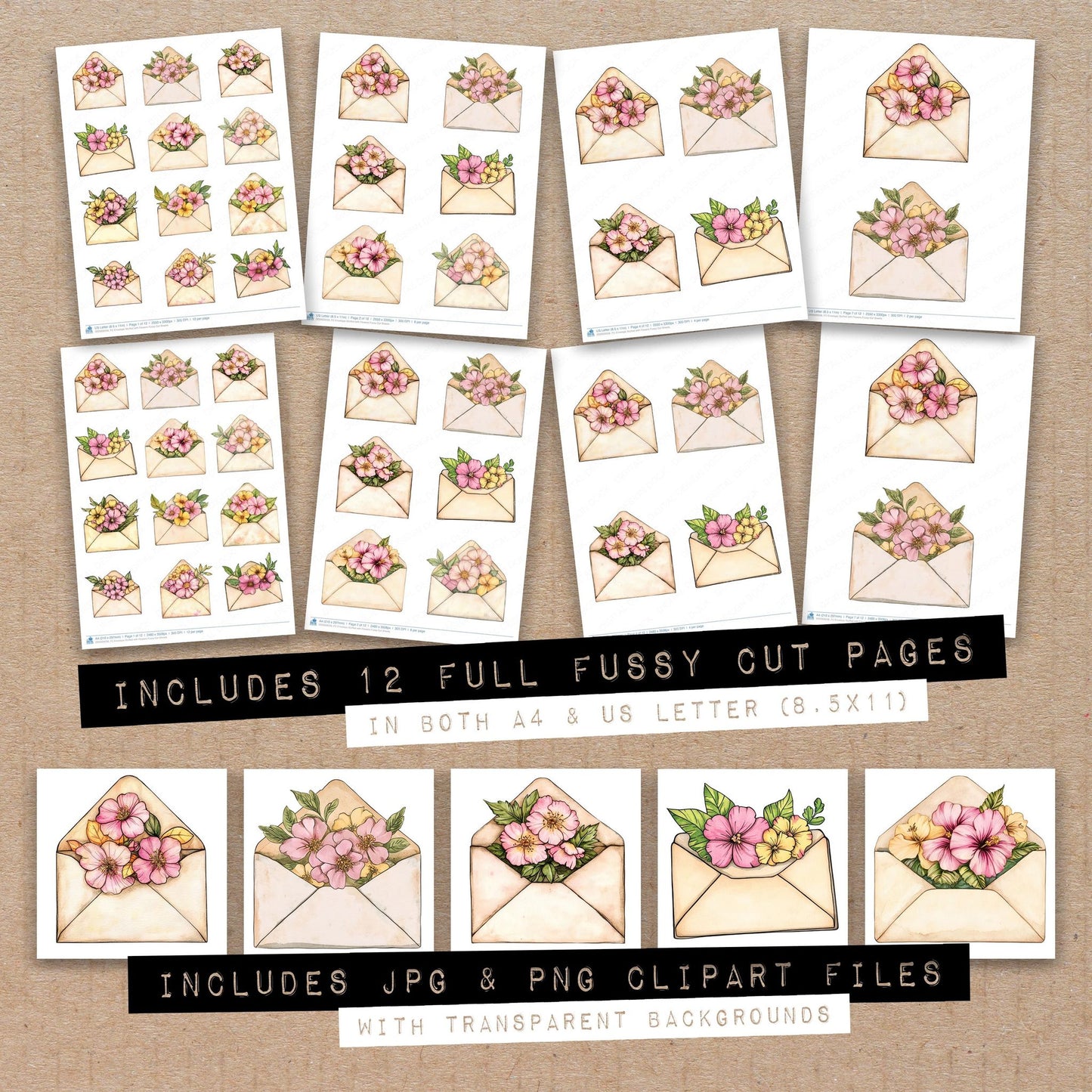 Full collection view of Envelope Stuffed with Flowers fussy cut sheets with bonus clipart JPG and PNG files