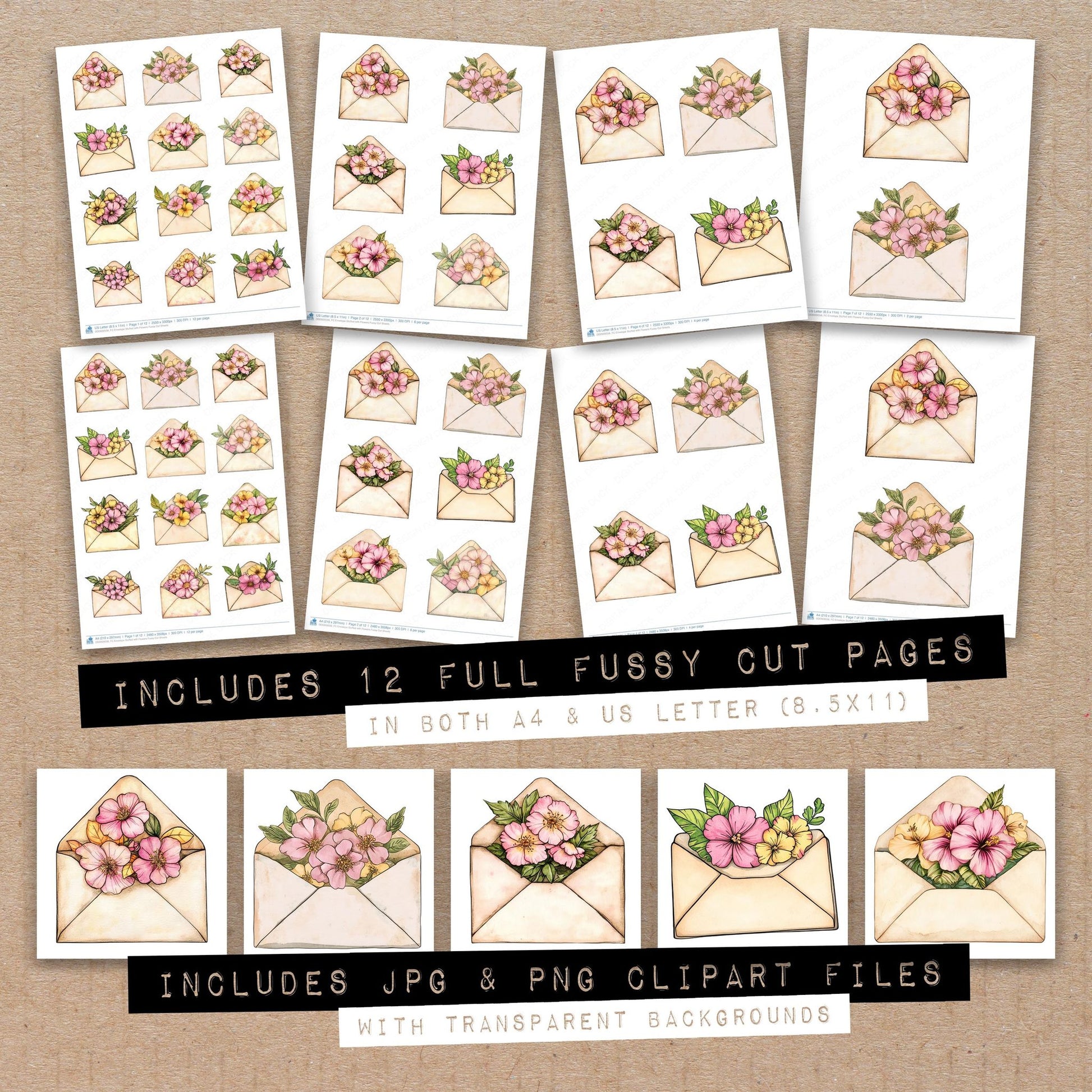 Full collection view of Envelope Stuffed with Flowers fussy cut sheets with bonus clipart JPG and PNG files