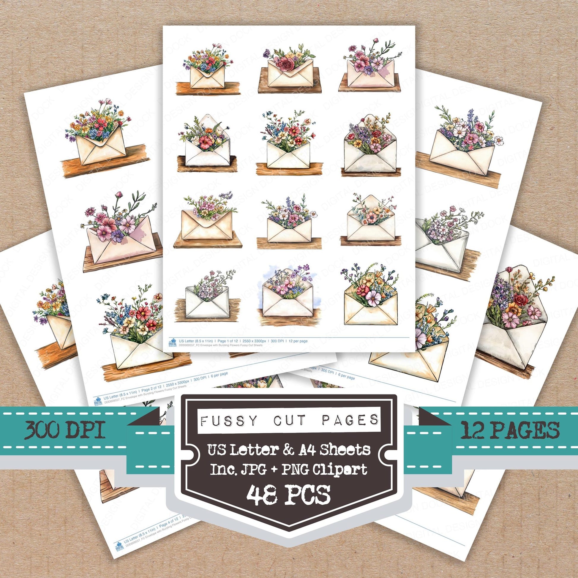 Envelope with Bursting Flowers fussy cut printable sheets for junk journaling, scrapbooking, and paper craft projects
