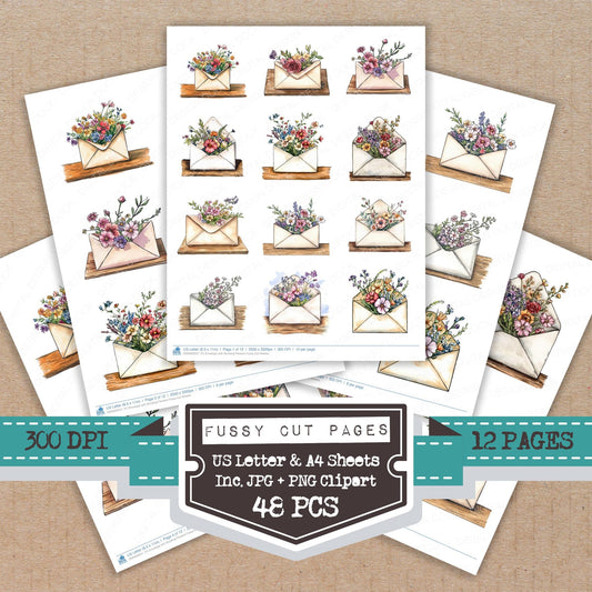 Envelope with Bursting Flowers fussy cut printable sheets for junk journaling, scrapbooking, and paper craft projects