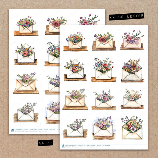 A4 and US Letter format comparison showing Envelope with Bursting Flowers fussy cut pages for print and cut crafting
