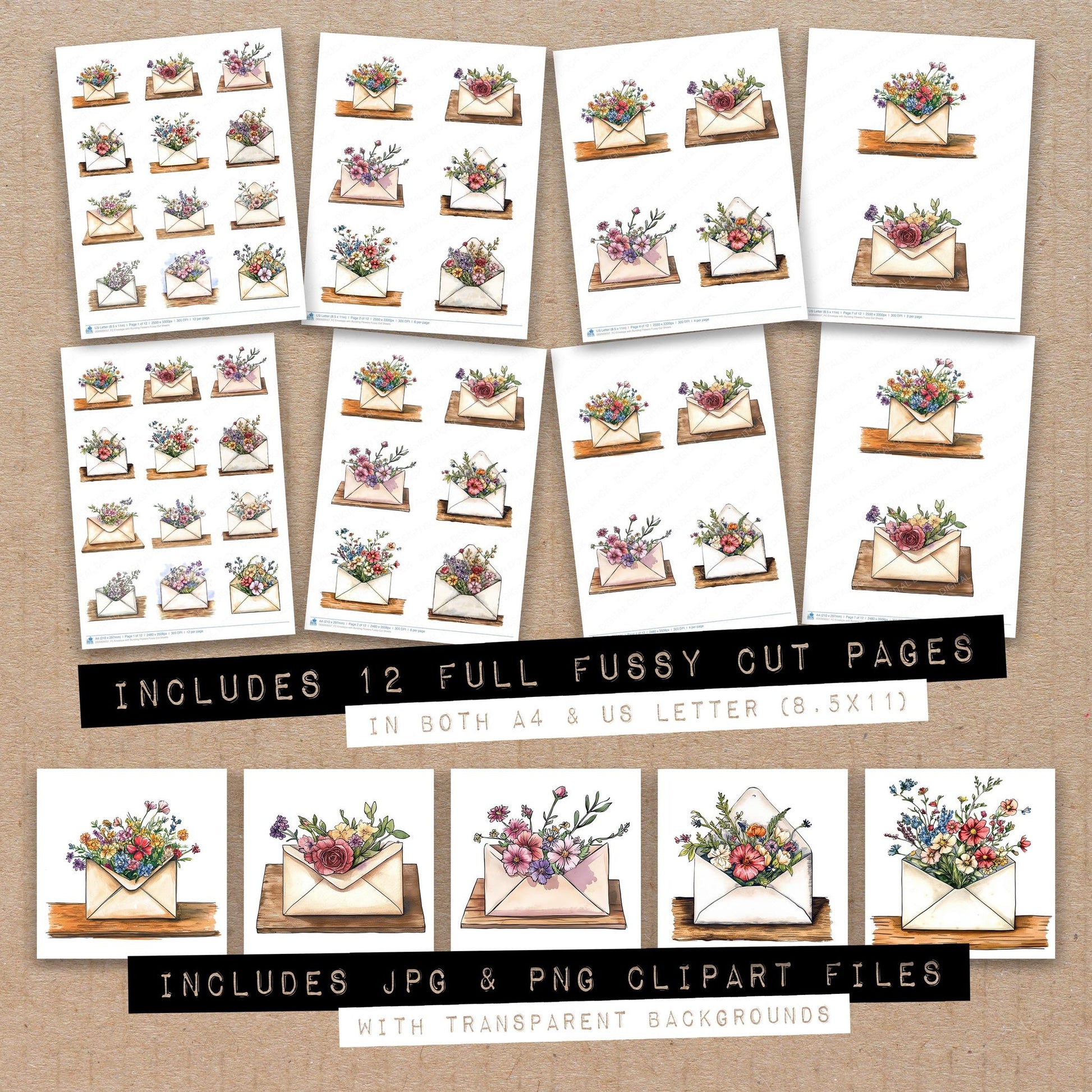 Full collection view of Envelope with Bursting Flowers fussy cut sheets with bonus clipart JPG and PNG files
