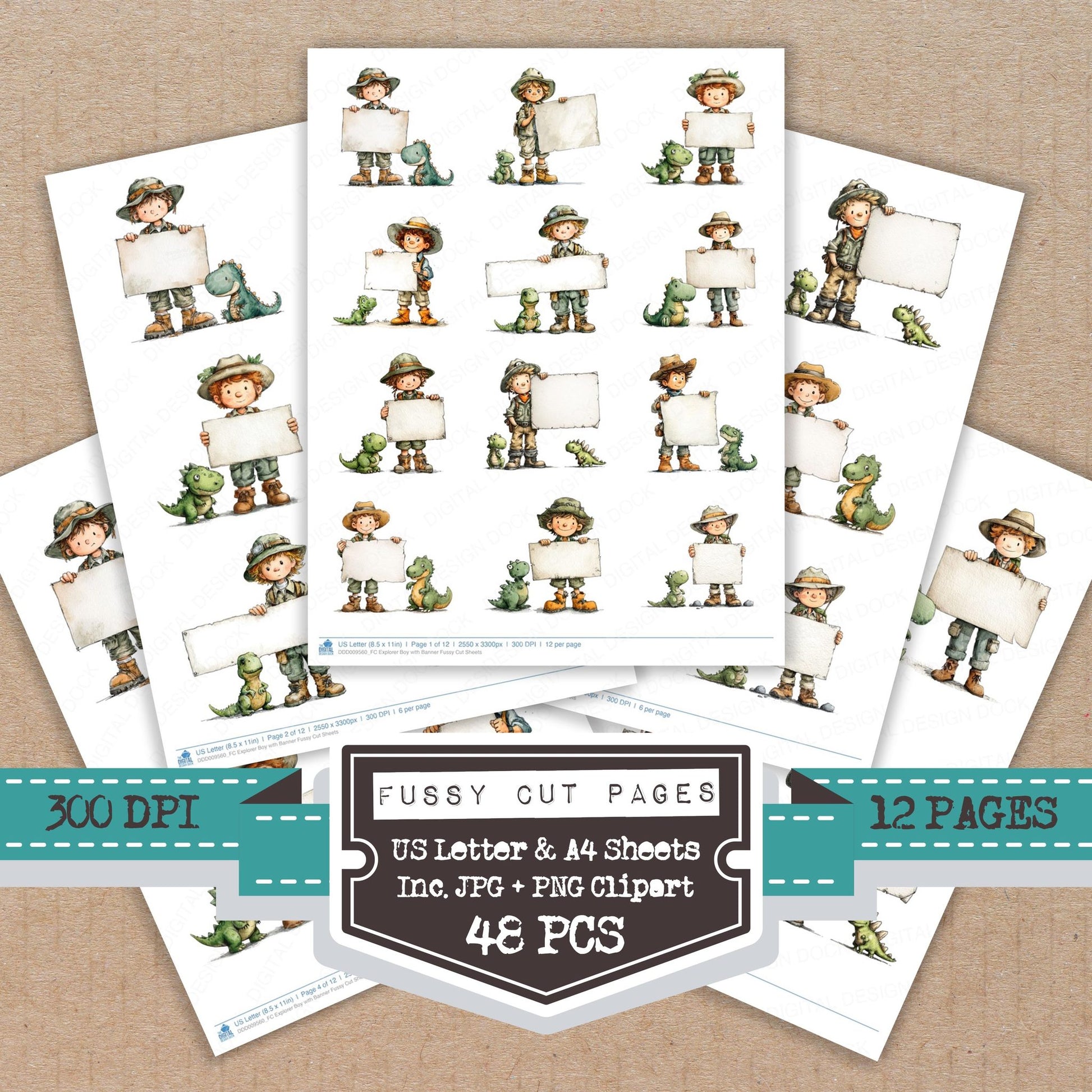 Explorer Boy with Banner fussy cut printable sheets for junk journaling, scrapbooking, and paper craft projects
