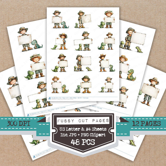 Explorer Boy with Banner fussy cut printable sheets for junk journaling, scrapbooking, and paper craft projects