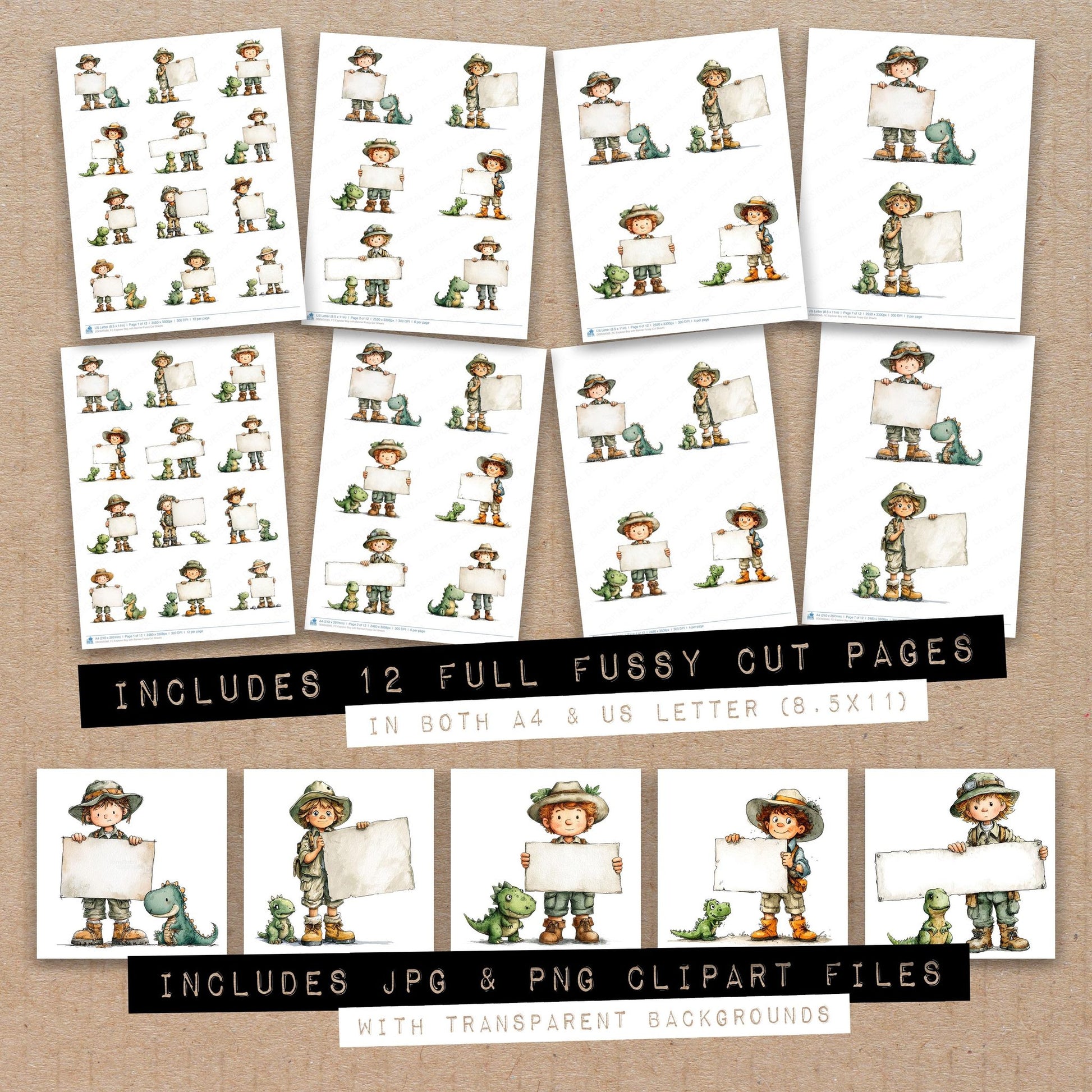 Full collection view of Explorer Boy with Banner fussy cut sheets with bonus clipart JPG and PNG files
