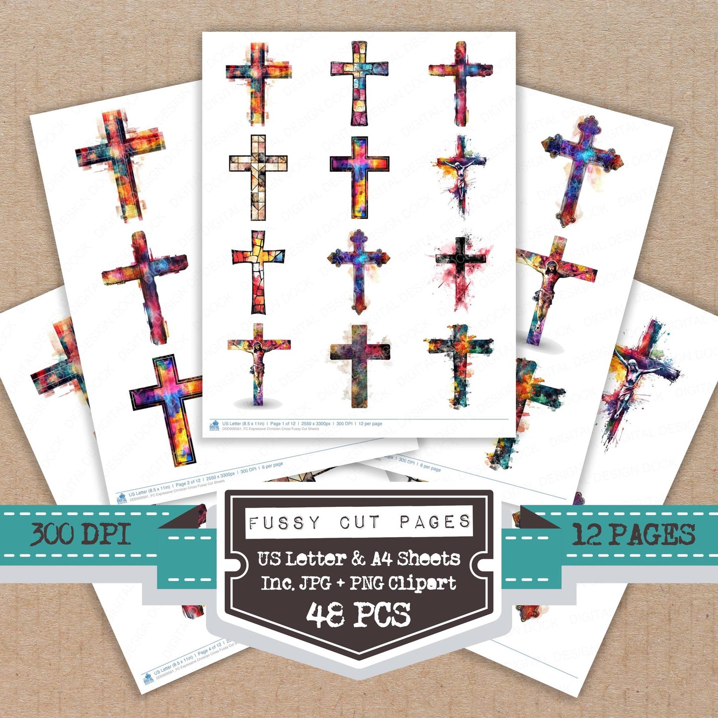 Expressive Christian Cross fussy cut printable sheets for junk journaling, scrapbooking, and paper craft projects