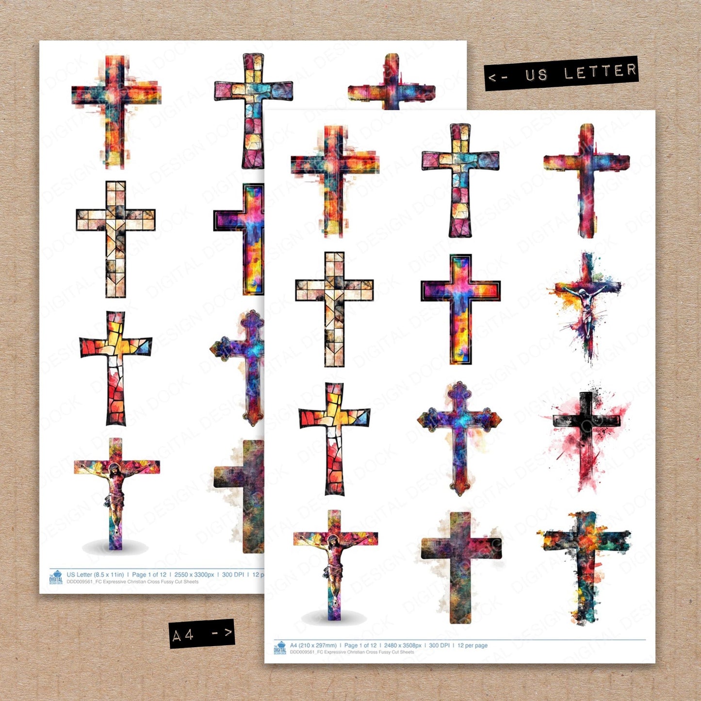 A4 and US Letter format comparison showing Expressive Christian Cross fussy cut pages for print and cut crafting
