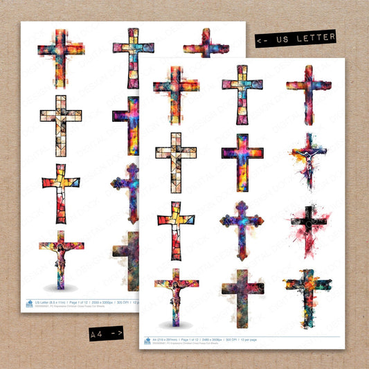 A4 and US Letter format comparison showing Expressive Christian Cross fussy cut pages for print and cut crafting