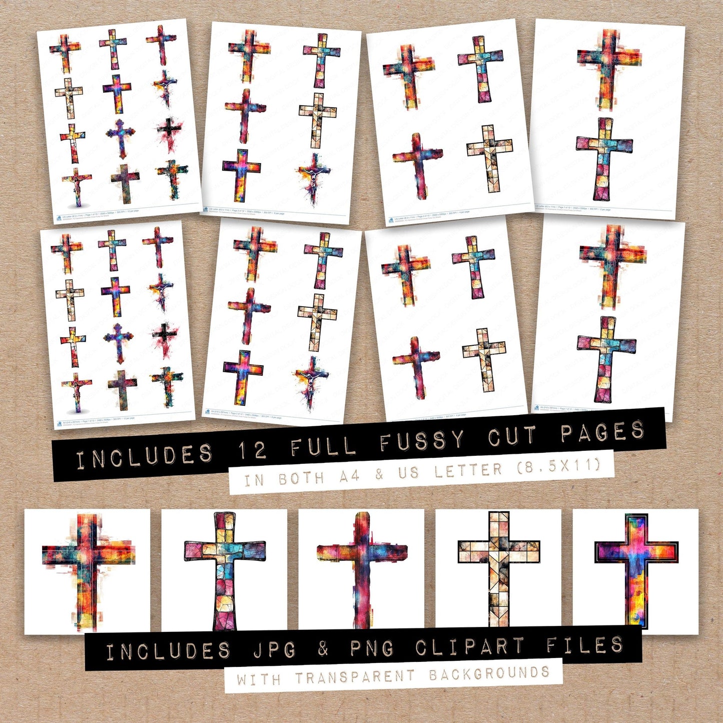 Full collection view of Expressive Christian Cross fussy cut sheets with bonus clipart JPG and PNG files