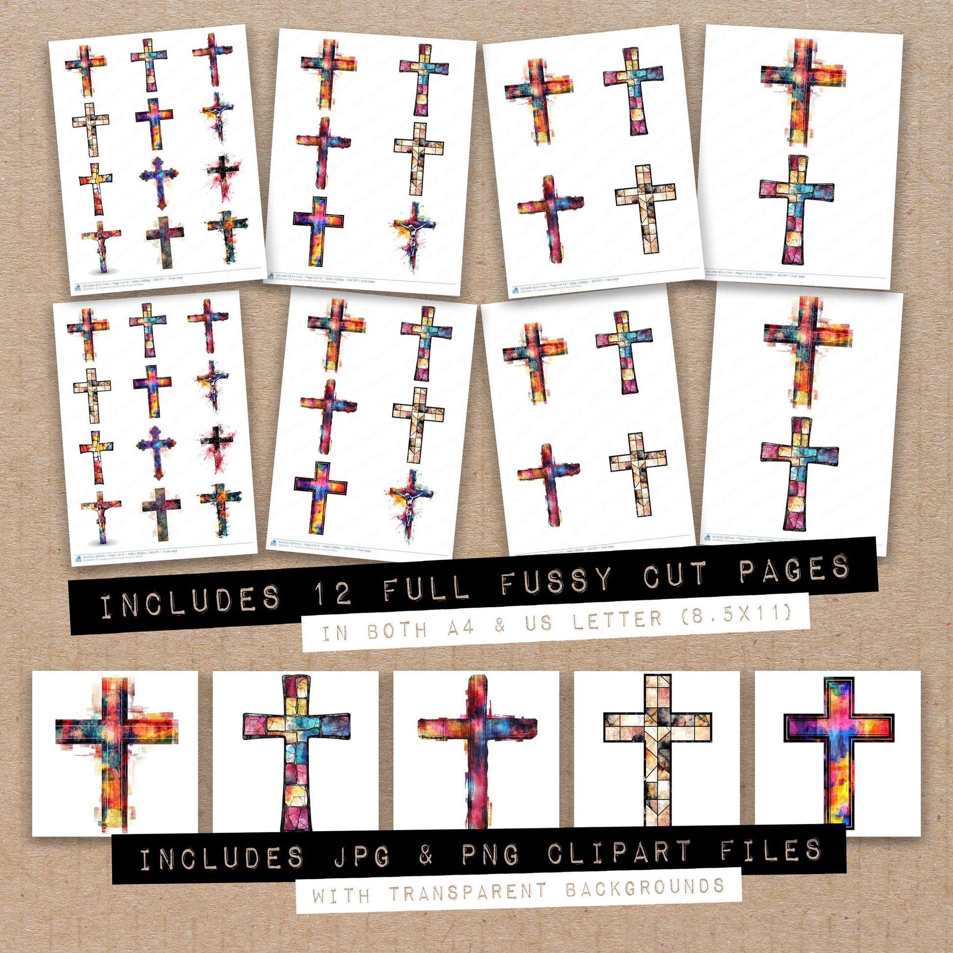 Full collection view of Expressive Christian Cross fussy cut sheets with bonus clipart JPG and PNG files