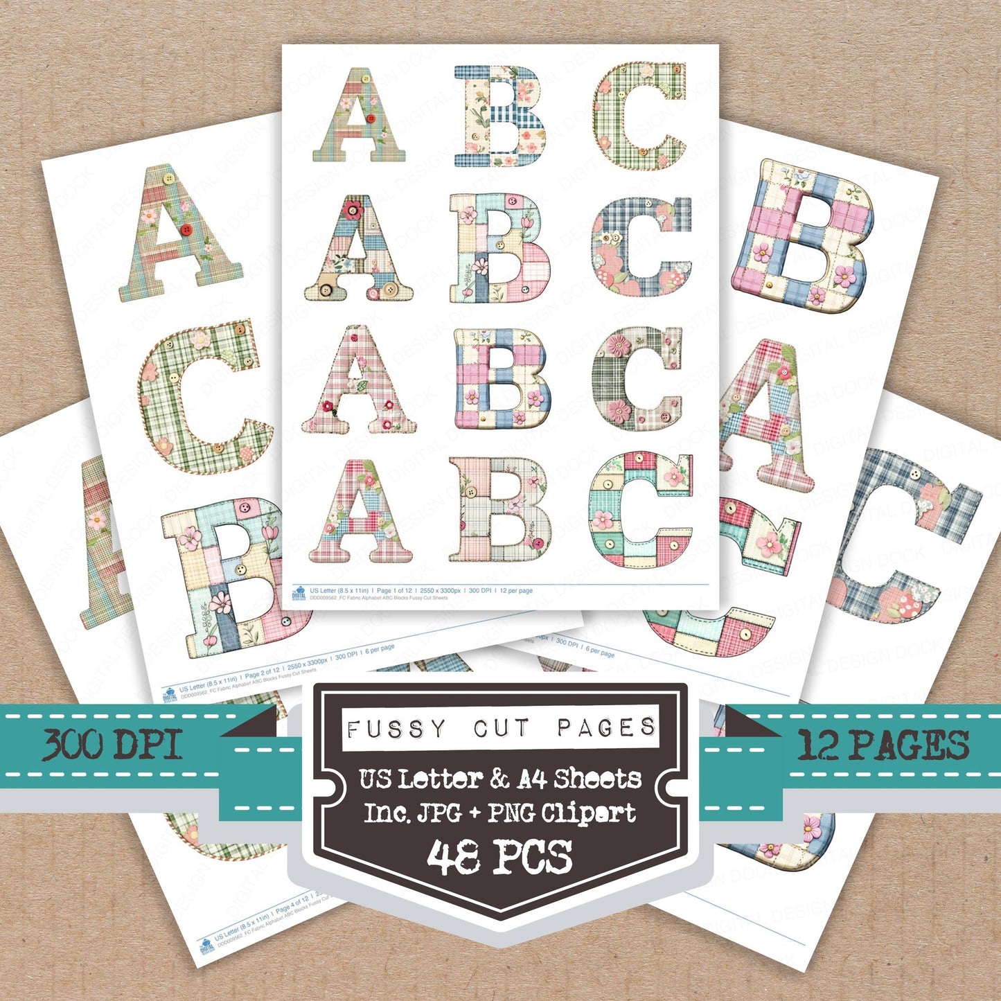 Fabric Alphabet ABC Blocks fussy cut printable sheets for junk journaling, scrapbooking, and paper craft projects