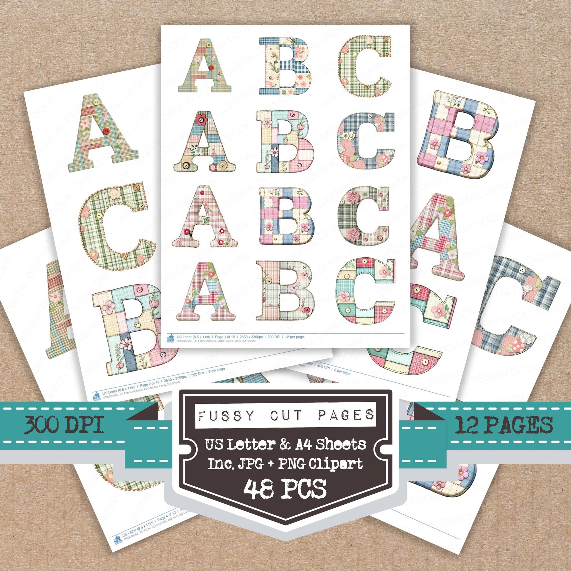 Fabric Alphabet ABC Blocks fussy cut printable sheets for junk journaling, scrapbooking, and paper craft projects