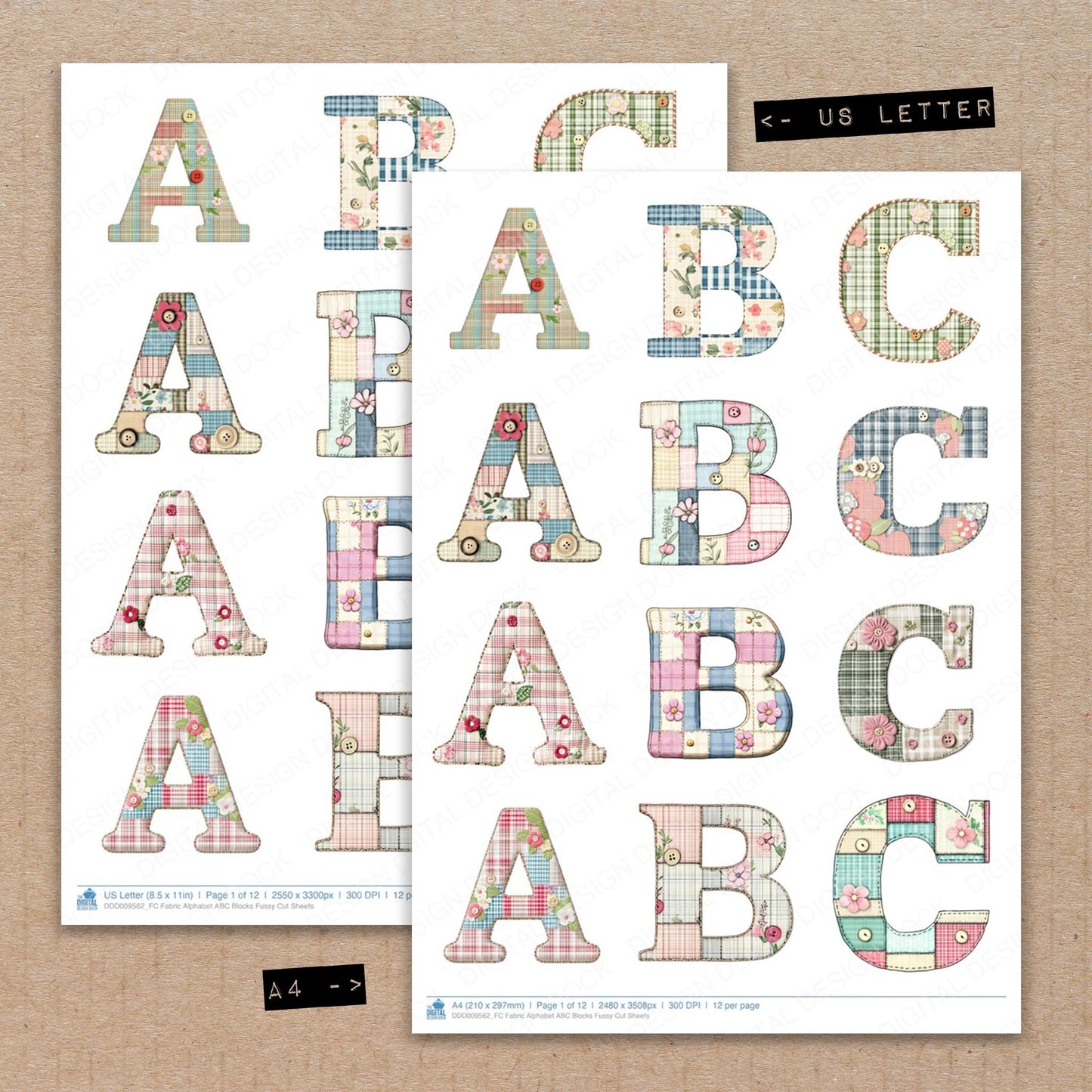 A4 and US Letter format comparison showing Fabric Alphabet ABC Blocks fussy cut pages for print and cut crafting