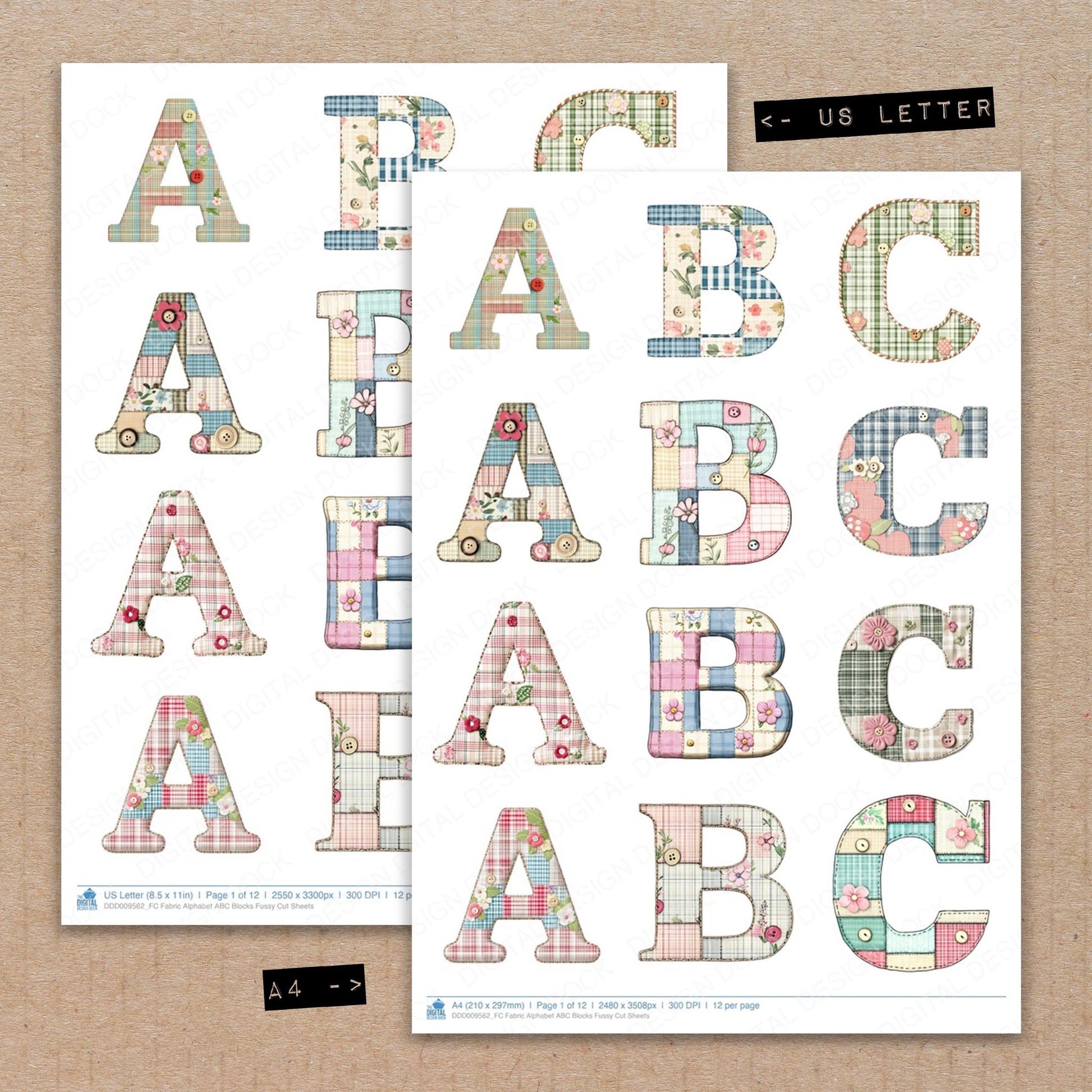 A4 and US Letter format comparison showing Fabric Alphabet ABC Blocks fussy cut pages for print and cut crafting