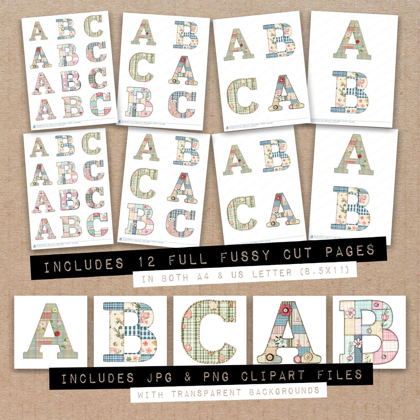 Full collection view of Fabric Alphabet ABC Blocks fussy cut sheets with bonus clipart JPG and PNG files
