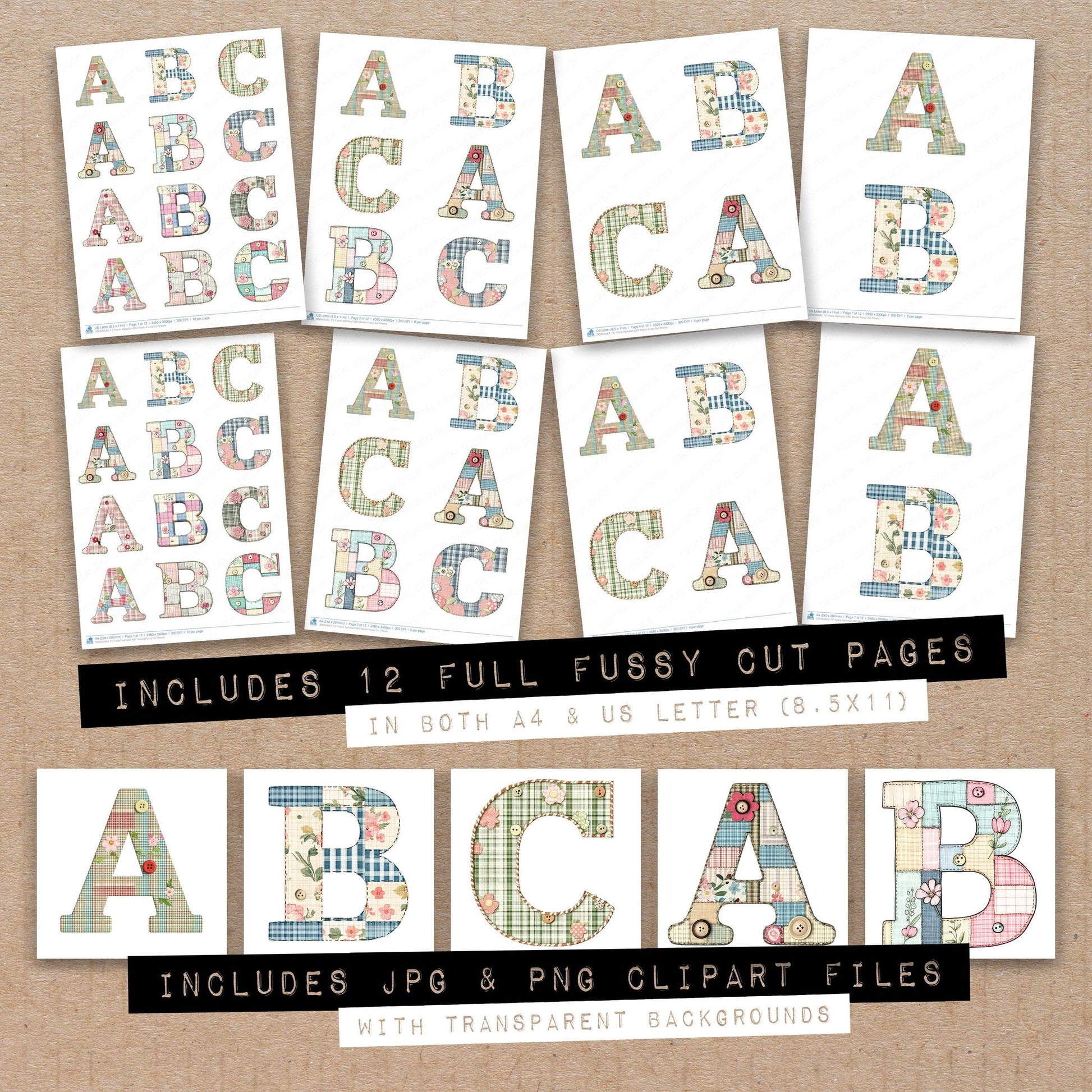Full collection view of Fabric Alphabet ABC Blocks fussy cut sheets with bonus clipart JPG and PNG files