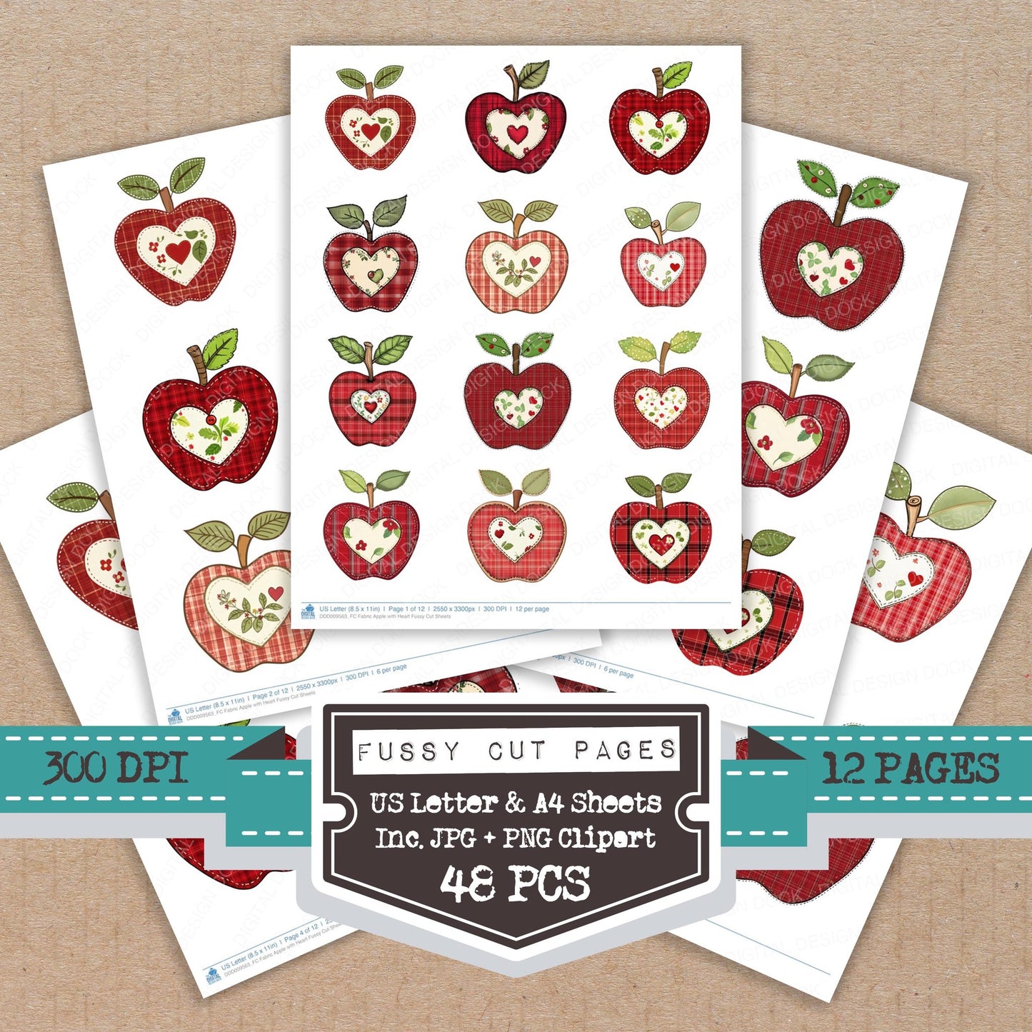 Fabric Apple with Heart fussy cut printable sheets for junk journaling, scrapbooking, and paper craft projects