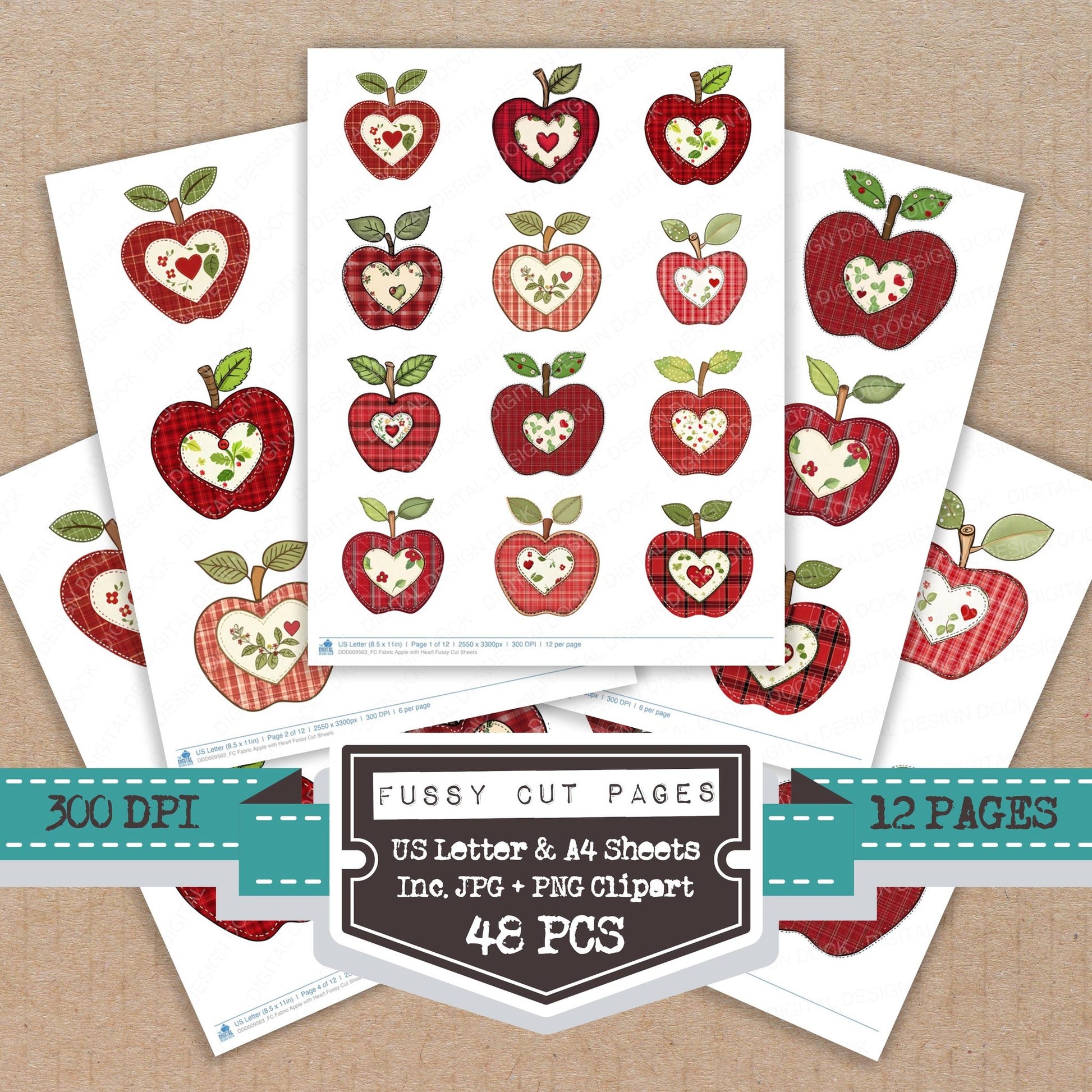 Fabric Apple with Heart fussy cut printable sheets for junk journaling, scrapbooking, and paper craft projects