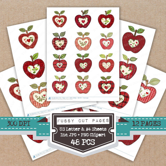 Fabric Apple with Heart fussy cut printable sheets for junk journaling, scrapbooking, and paper craft projects