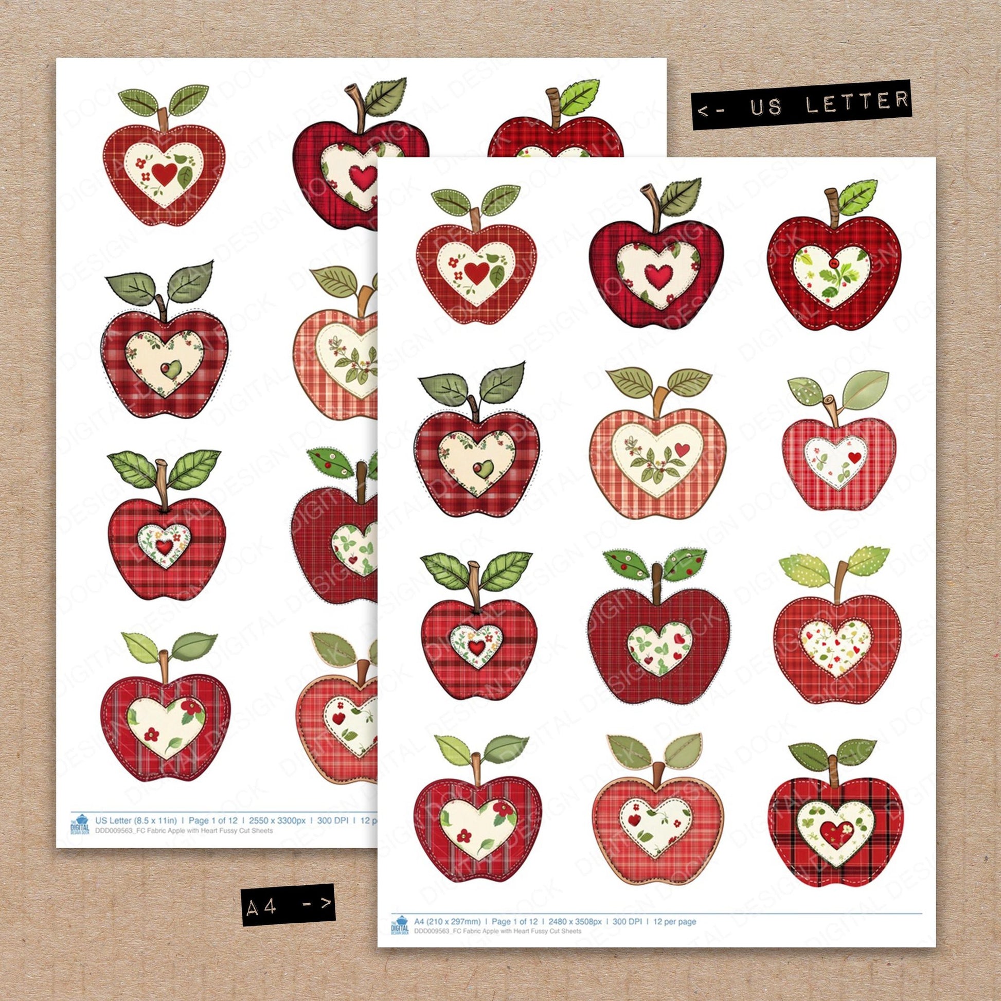 A4 and US Letter format comparison showing Fabric Apple with Heart fussy cut pages for print and cut crafting
