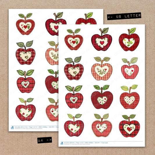 A4 and US Letter format comparison showing Fabric Apple with Heart fussy cut pages for print and cut crafting
