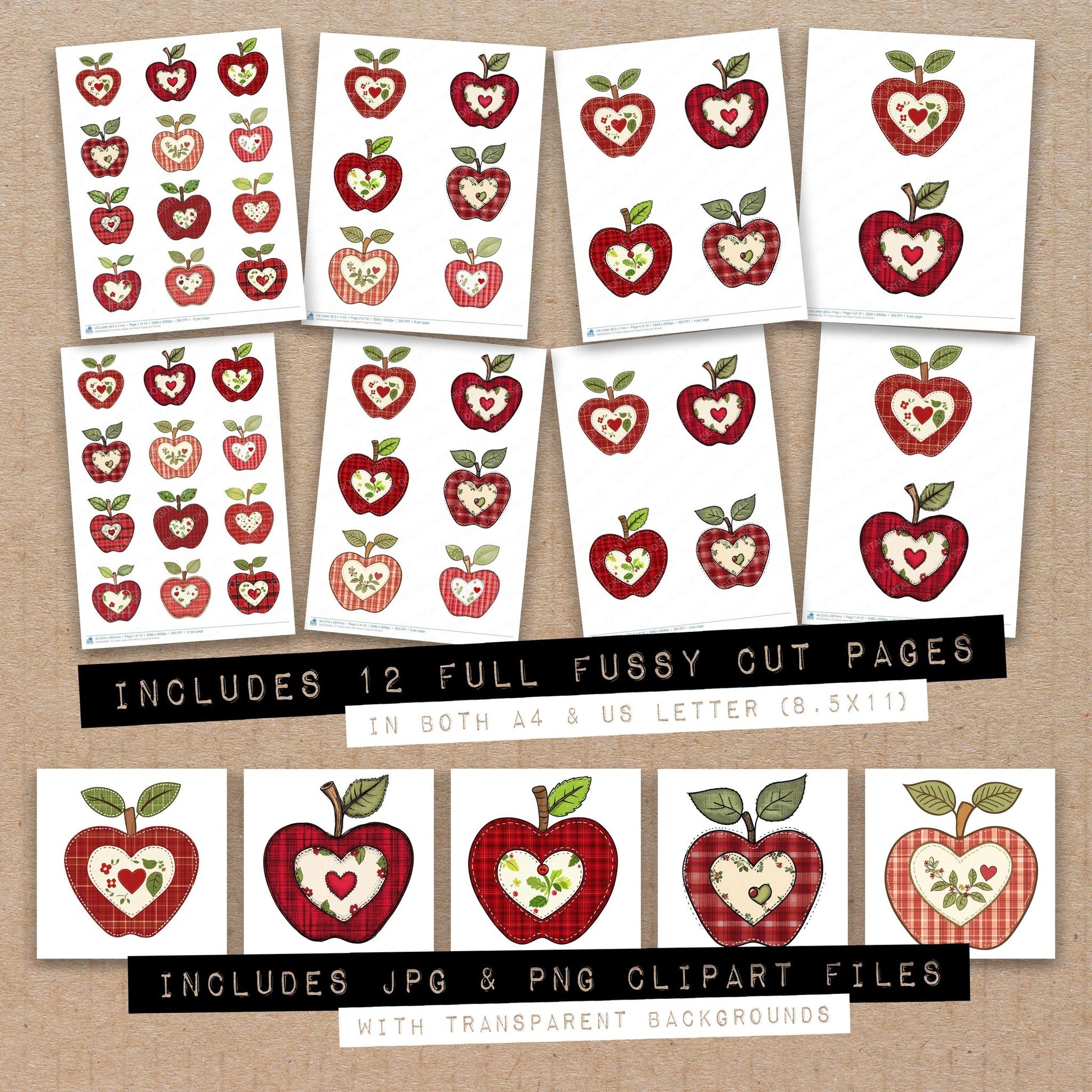 Full collection view of Fabric Apple with Heart fussy cut sheets with bonus clipart JPG and PNG files