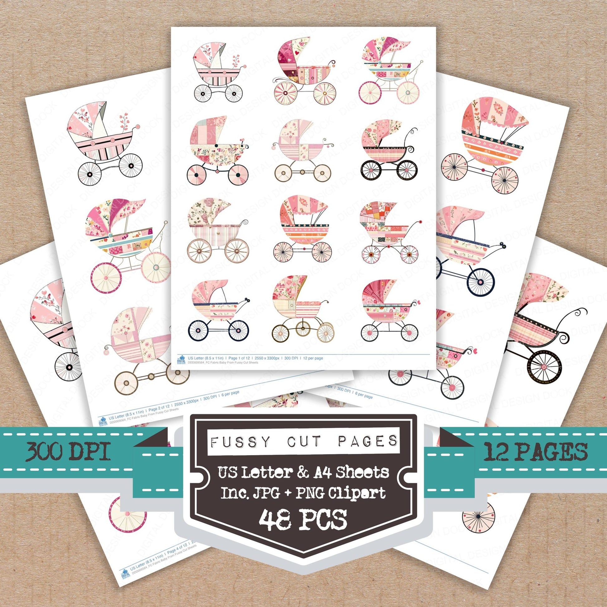 Fabric Baby Pram fussy cut printable sheets for junk journaling, scrapbooking, and paper craft projects