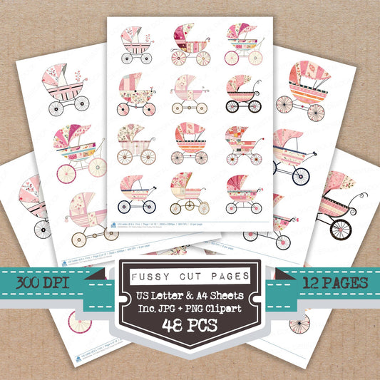 Fabric Baby Pram fussy cut printable sheets for junk journaling, scrapbooking, and paper craft projects