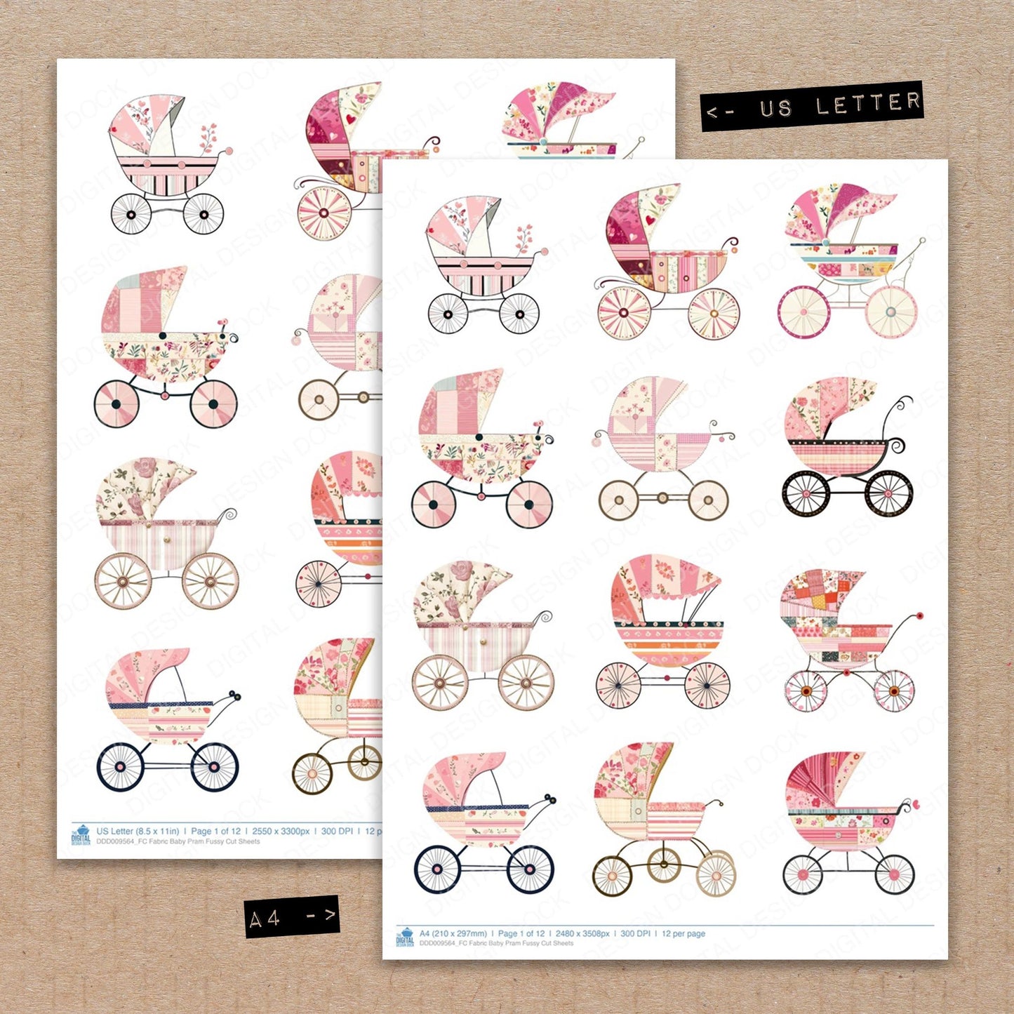 A4 and US Letter format comparison showing Fabric Baby Pram fussy cut pages for print and cut crafting